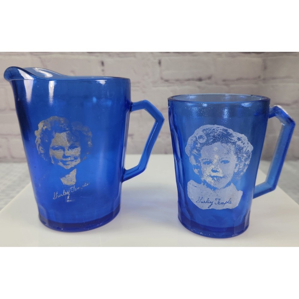 2 Cobalt Blue Depression Glass Pitcher Creamer Shirley Temple Image Hazel Atlas